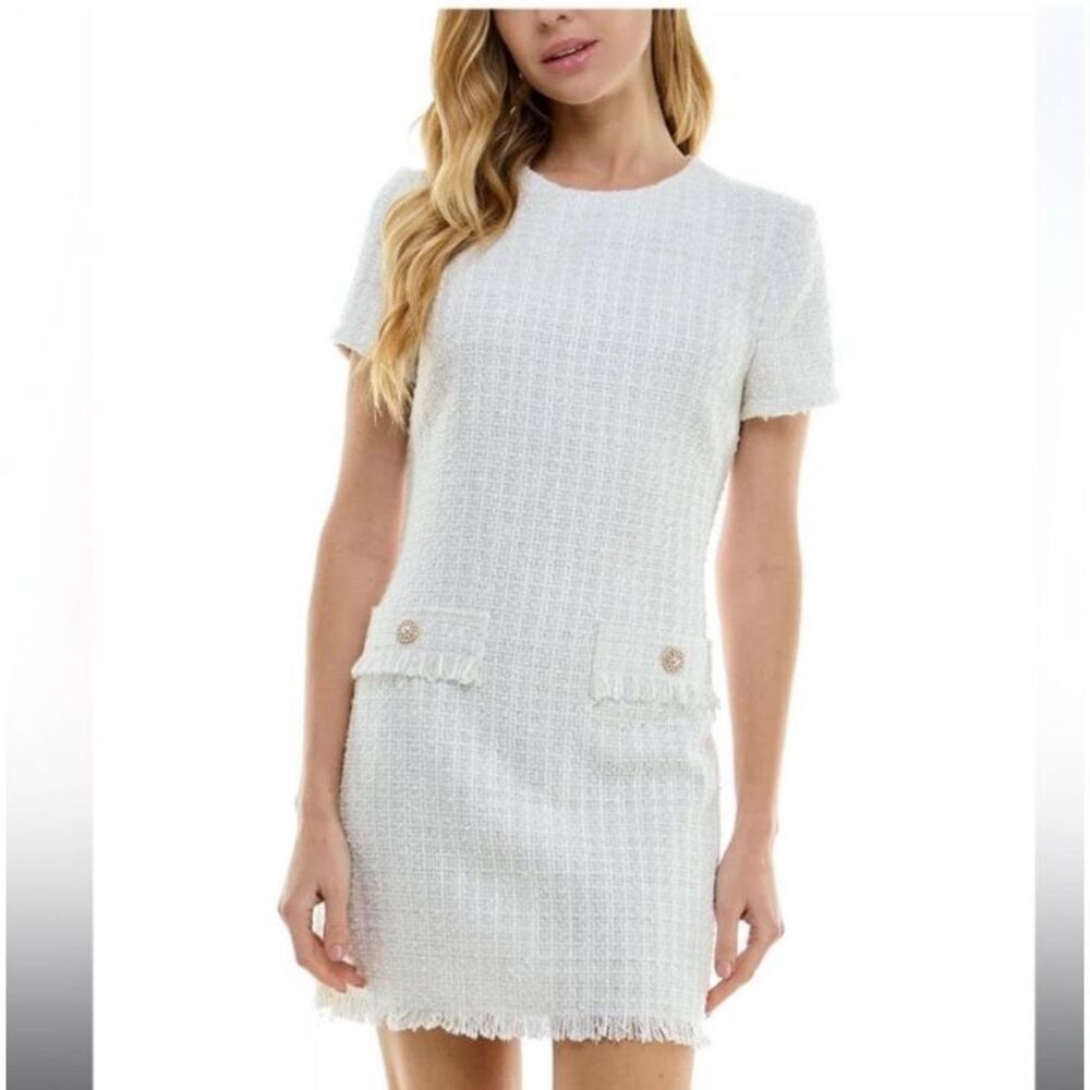 Women's Cream Tweed Short-Sleeve Shift Dress